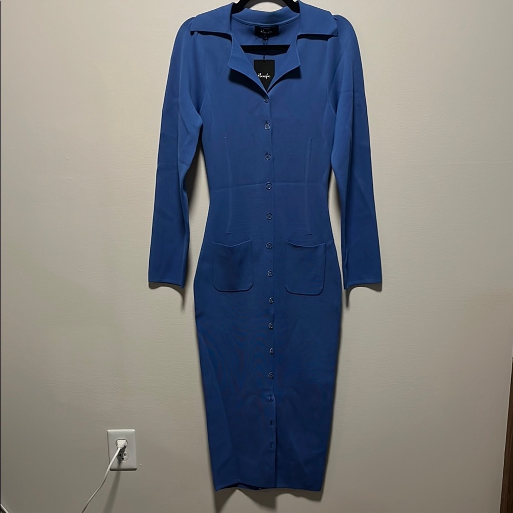HANIFA (NWT) Cheri II Blue Long Sleeve Button Front Sheath Dress, Size XS - Picture 4 of 16